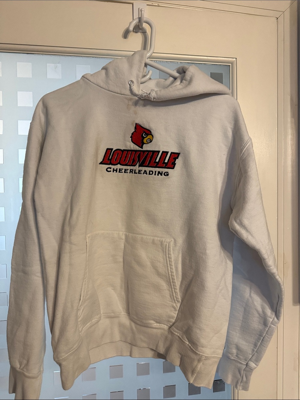 Hanes White Men’s Zip-Up Sweater with Louisville Cheerleading Logo